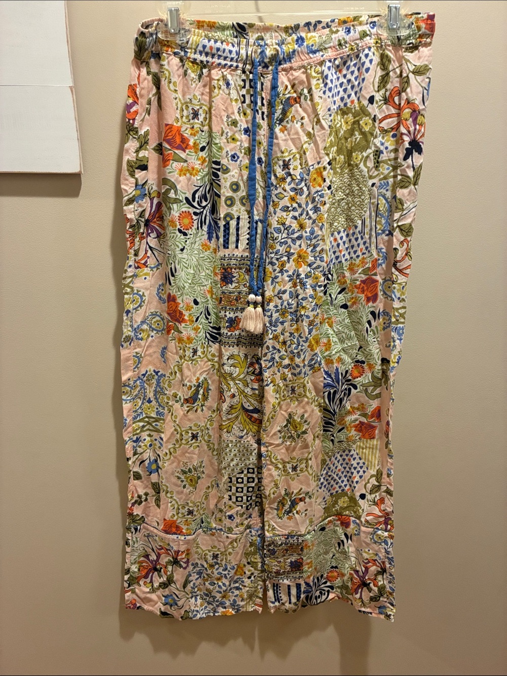 Anthropologie Pink Multi Patchwork Floral Maxi Skirt with Tassel Drawstring